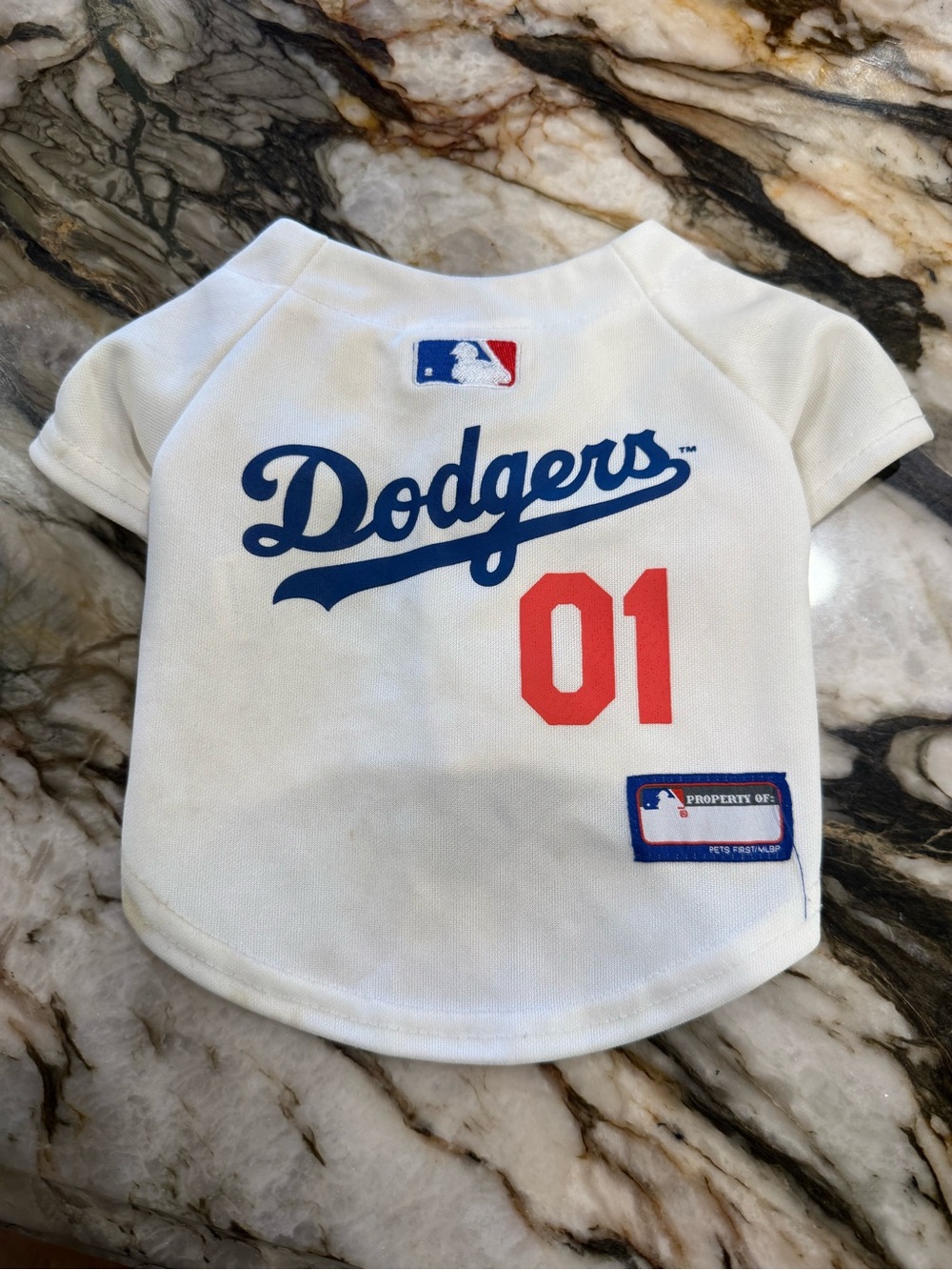Pets First White Dodgers Dog   Jersey Top with Blue Script and Red Number